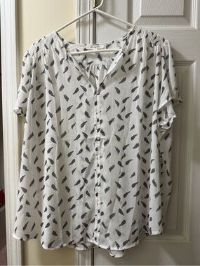 Women’s White Feather-Print Blouse - Lightweight Button Front